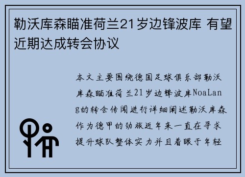 勒沃库森瞄准荷兰21岁边锋波库 有望近期达成转会协议