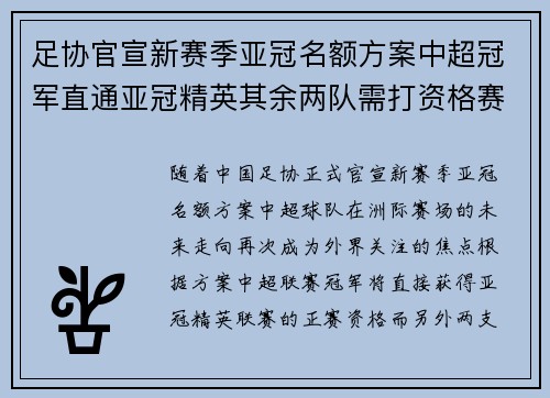 足协官宣新赛季亚冠名额方案中超冠军直通亚冠精英其余两队需打资格赛